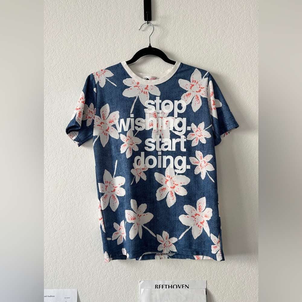Y2K LITTLE TOKYO Korean Vintage Denim Print Floral Slogan Tee Coquette Aesthetic
